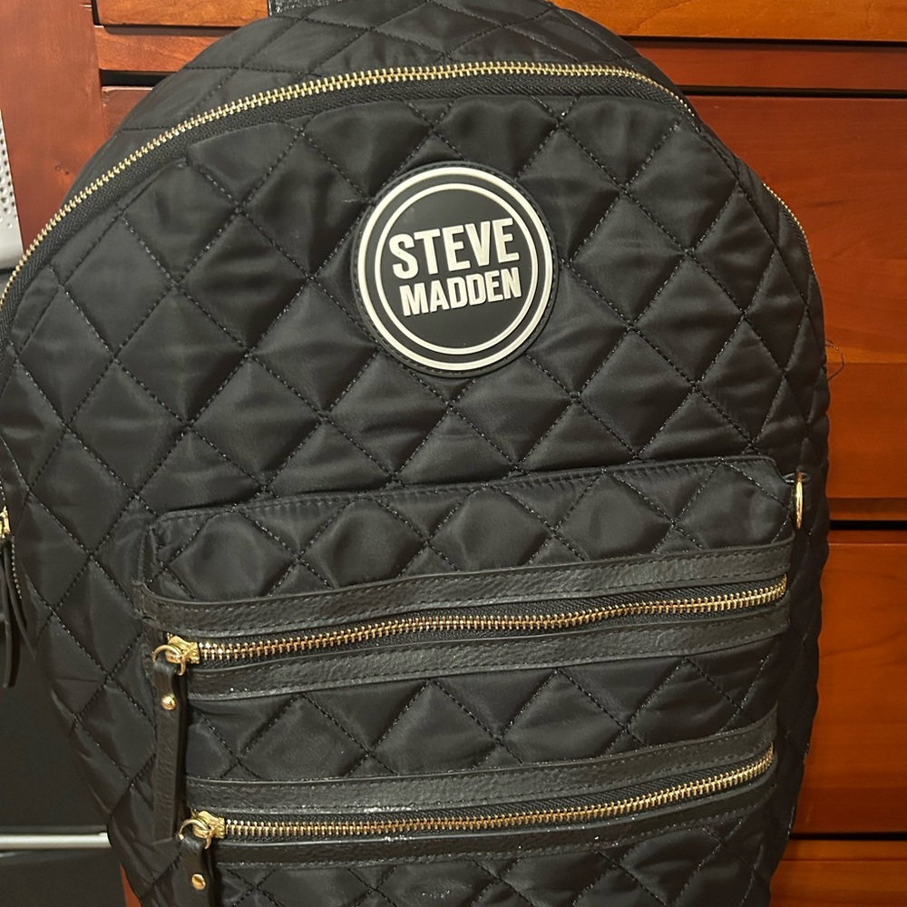 Steve Madden Black Quilted Backpack with Gold Zippers